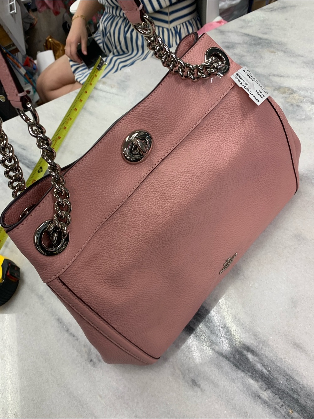 Coach Pink Pebbled Leather Shoulder Bag with Silver Chain Straps